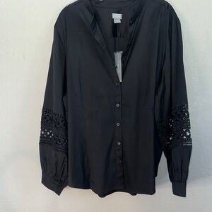 Black Button Down Shirt with Lace Sleeves‎